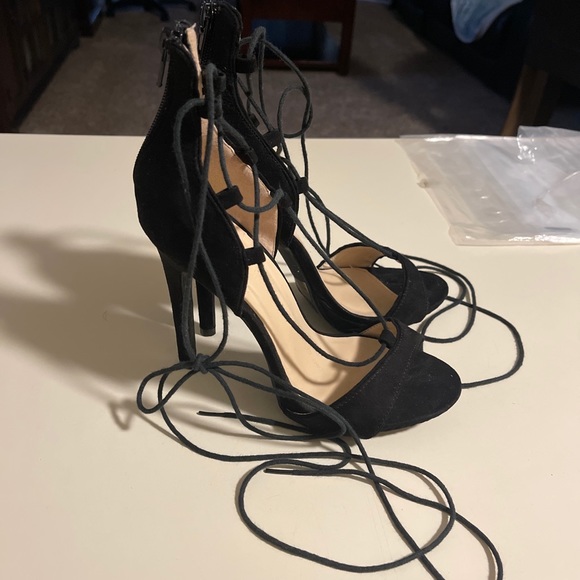 Wild Diva Lounge Black Lace-Up High Heel Sandal With Zipper Womens Faux Suede 6 - Picture 8 of 12